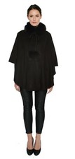Cashmere Cape 3-Ply Thick Cashmere with Fox Fur Trim Cape Coat for Winter Poncho