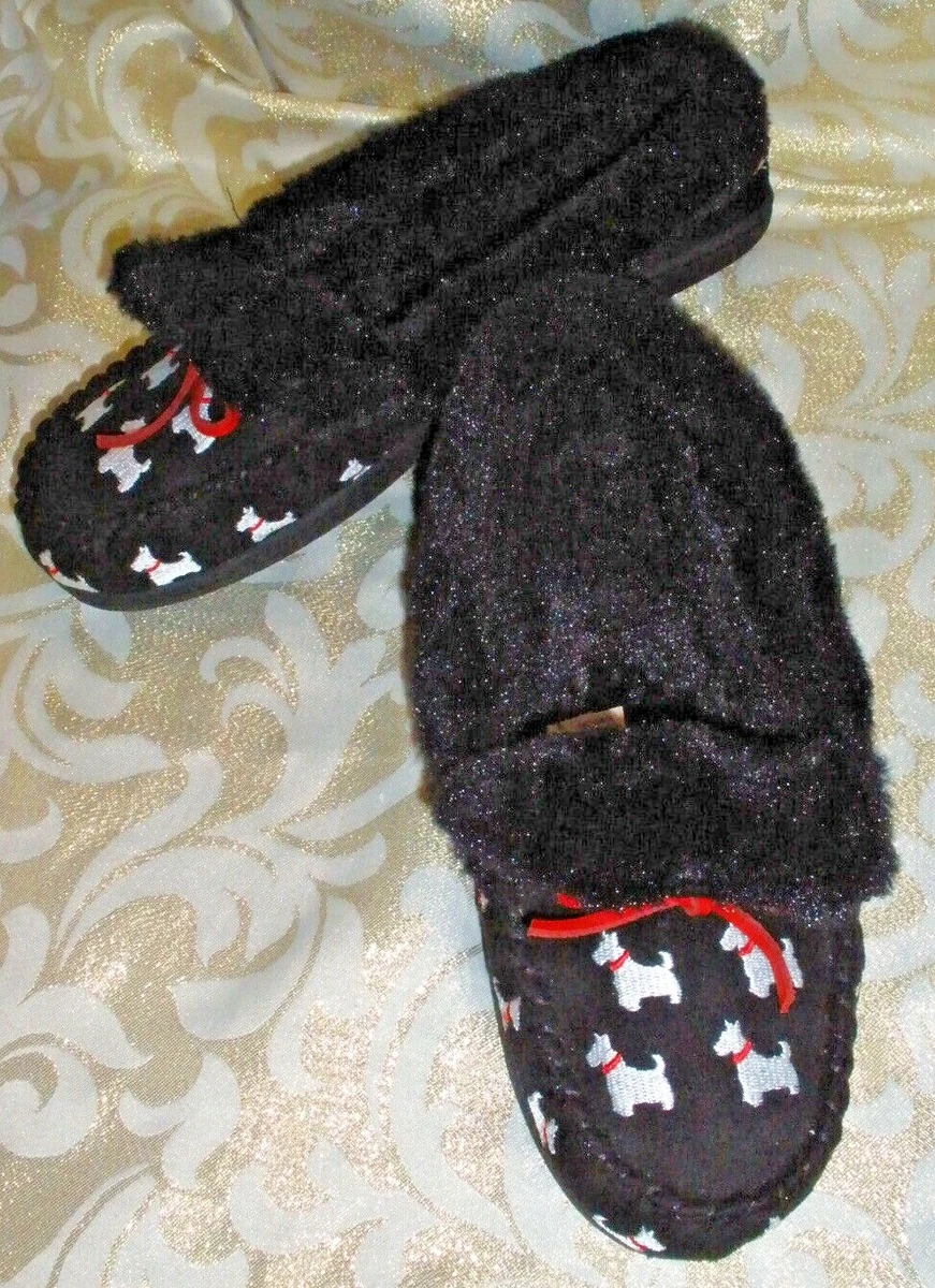 Charter Club BLACK FAUX FUR LINED Moccasins Slippers SCOTTIE DOGS