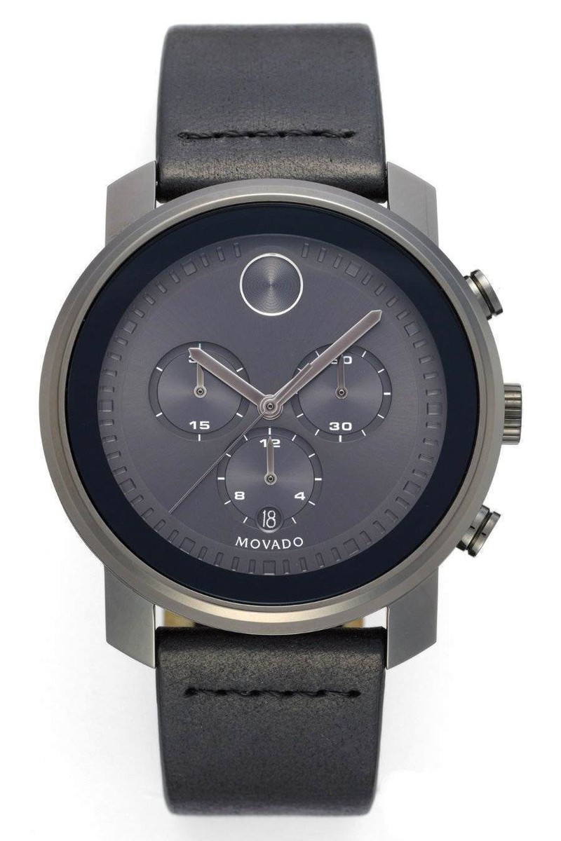 MOVADO BOLD CHRONOGRAPH DATE BLACK DIAL BLACK LEATHER MEN'S WATCH 3600466  NEW