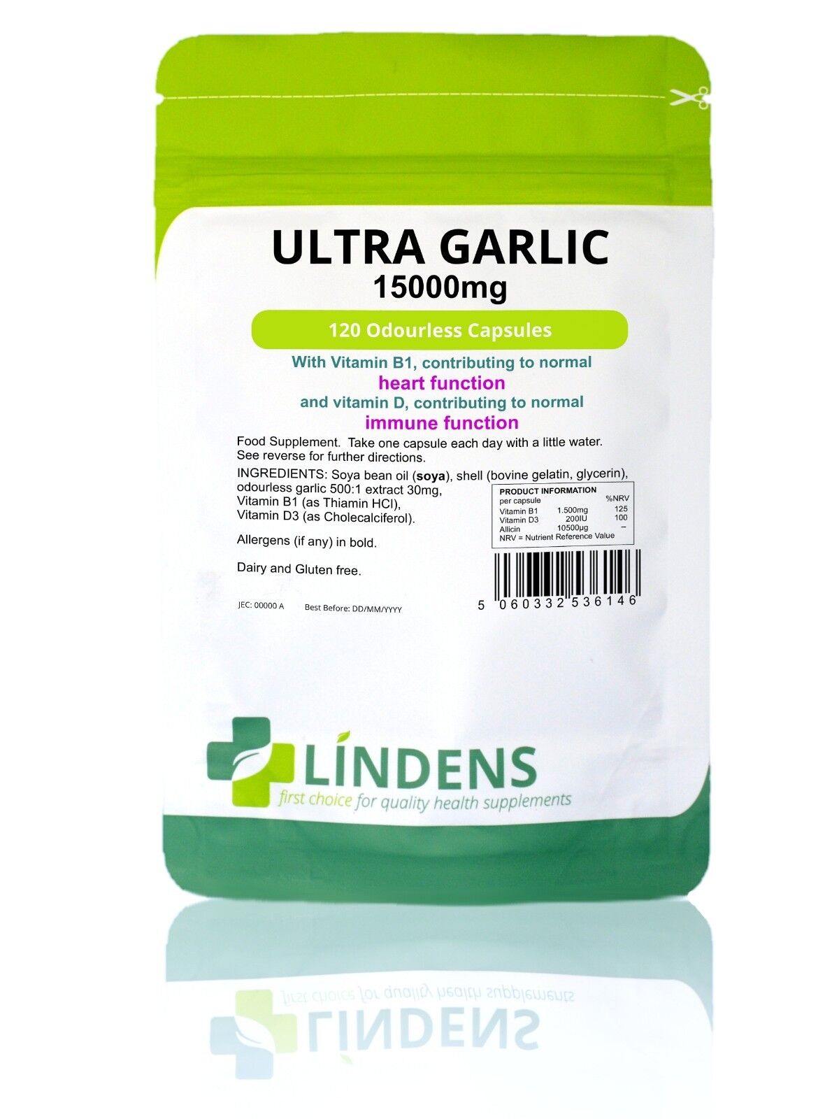 Lindens Ultra Garlic 15000mg 3-PACK 360 Odorless Capsules with Vitamin D3 and B1