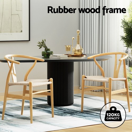 Artiss 2x Dining Wishbone Chairs Cafe Kitchen Lounge Wooden Rattan Seat Oak - Picture 4 of 7