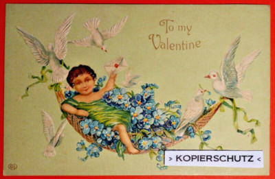 Präge Litho AK *To my Valentine *Tauben getragen Kind in Hängematte EAS vor 1914