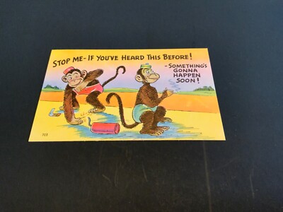 Something s Gonna Happen Soon ~ Monkeys-  Comic Linen Unposted Vintage Postcard