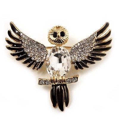 Schwarze Emaille Kristall Eule Brosche (goldfarbenes Metall)