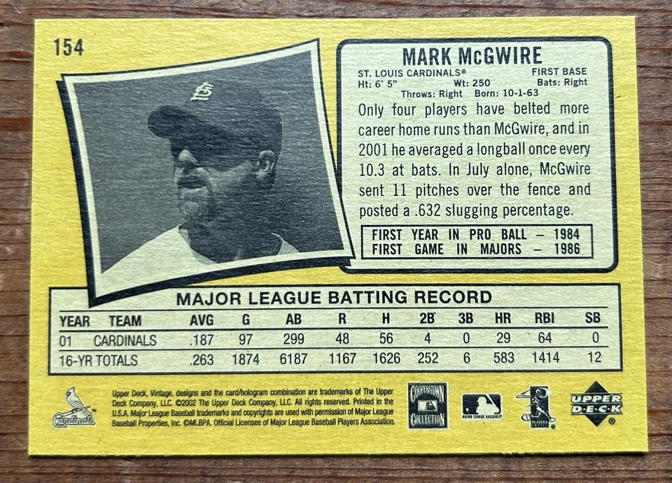 Mark McGwire 2002 Upper Deck Vintage #154 St. Louis Cardinals A’s MLB - Image 2 of 2