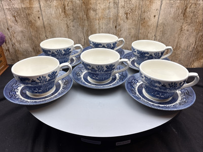 Churchills Tasse & Untertasse x6 blau & weiß Weidenmuster 12 Teile, 3 Männer auf Steg