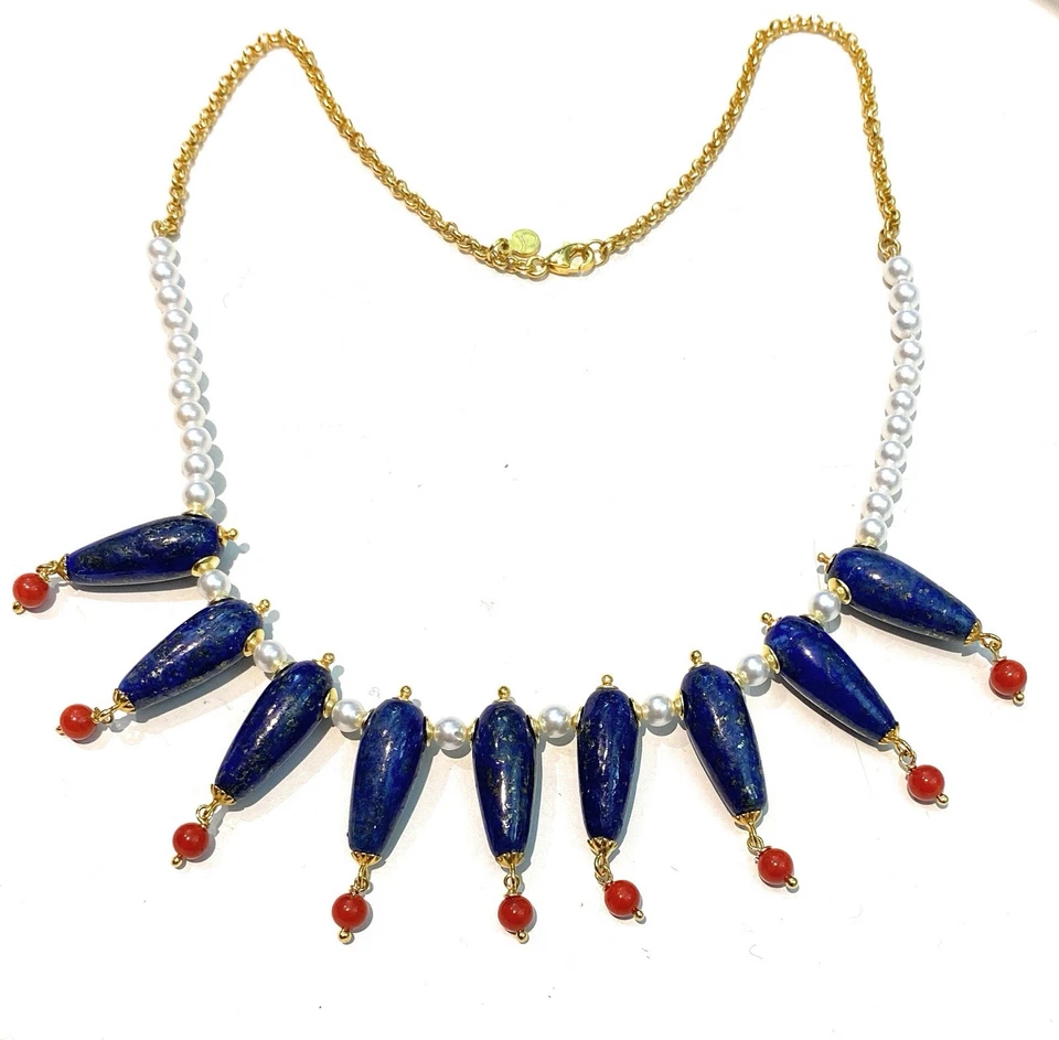 Collana Choker Lapislazzuli Perle Corallo Argento Sterling Pezzo Unico - Immagine 4 di 4