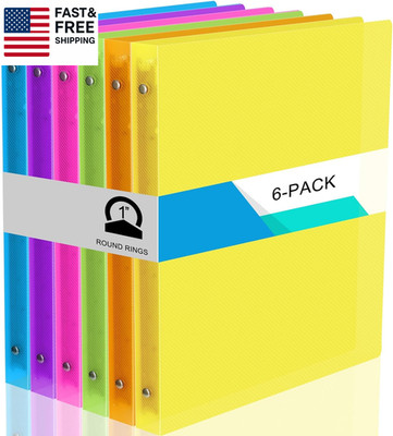 6 Pack Plastic 3 Ring Binder Assorted Colors Economy Flexible round Ring Present