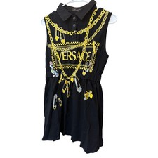 Versace Black Sleeveles Collared Dress Gold Chain Print womens size M