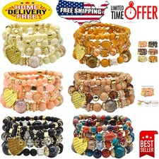 Handmade Bohemian Bracelet Set - 6 Stackable Colorful Bracelets with Heart Charm