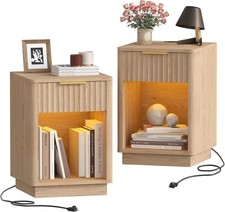 Fluted Nightstands Set of 2 Wooden Night Stand W/ Charging Station & LED Light
