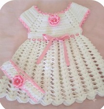 Handmade Crochet Baby Girl Dress Set White Pink Knit Newborn Toddler Headband