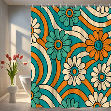 Retro Floral Shower Curtain with Colorful Waves