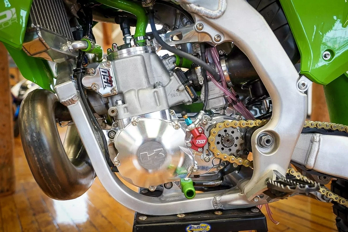 TSO 2019 Kawasaki KX250AF - two-stroke conversion - engine detail - left side 