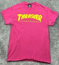 Thrasher Magazine Shirt Mens Small Pink Yellow Logo Skateboarding Graphic Tee