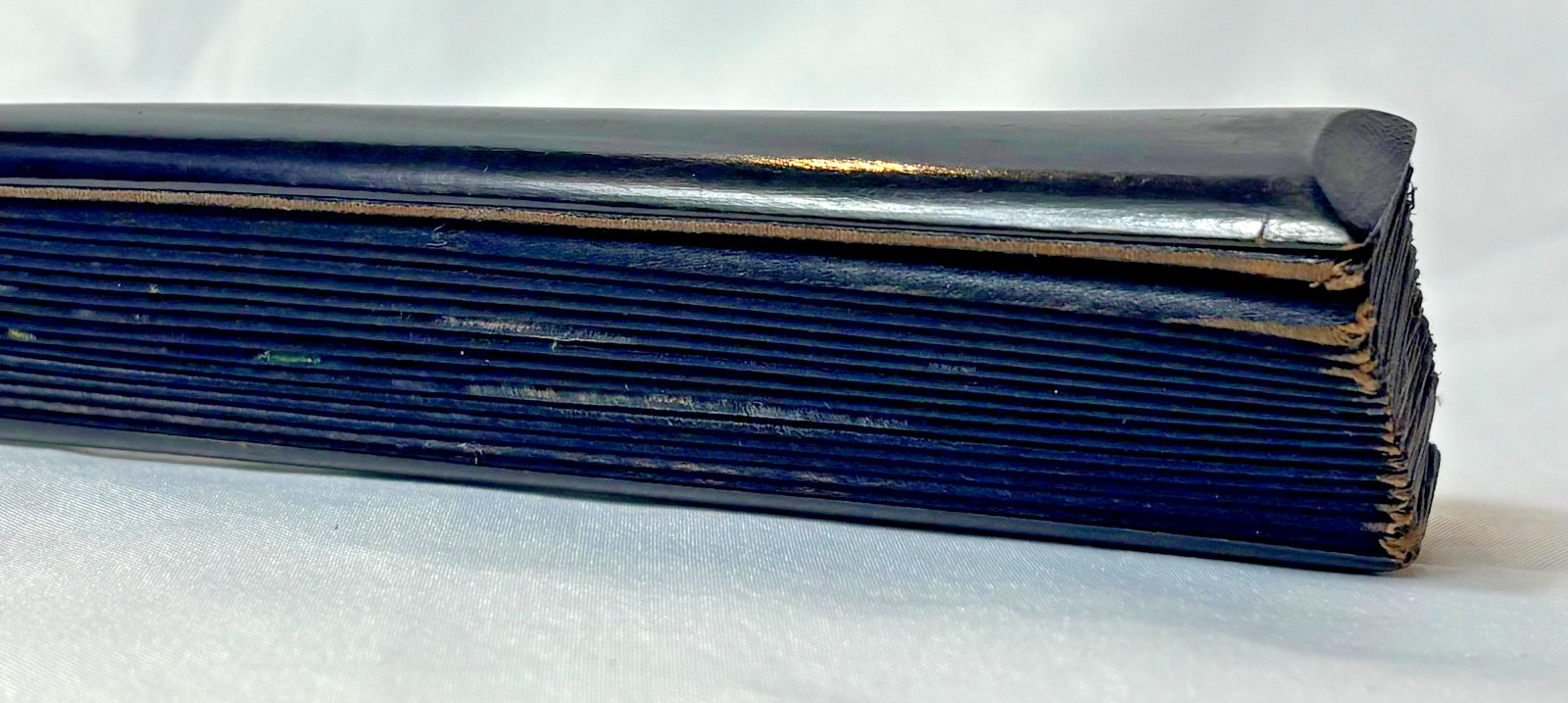 Victorian Mourning Fan Folding Black Satin Painted Flowers & Foliage Black Wood