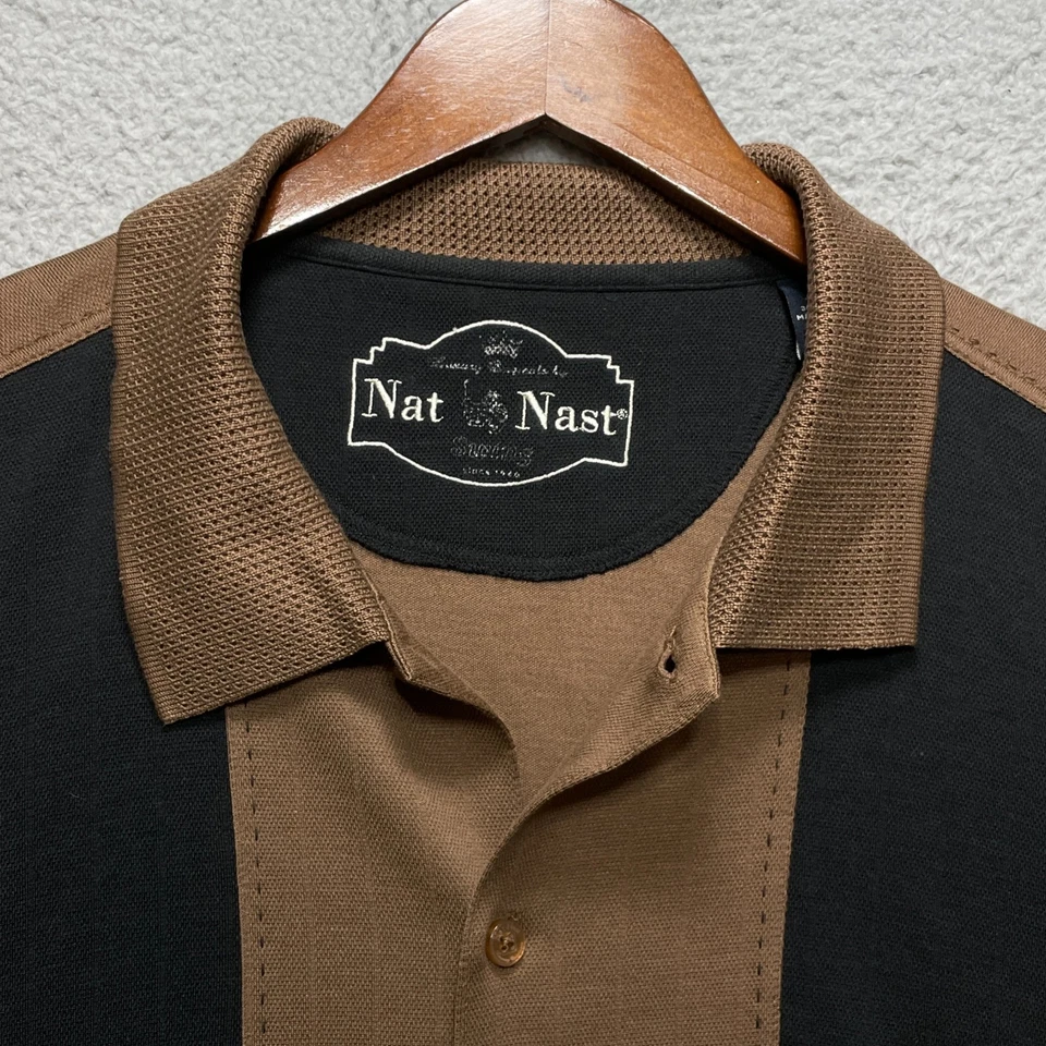 NAT NAST Shirt Mens XL Black Brown Bowling Style Silk Cotton Retro Button Up - Image 2 of 4