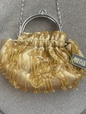 Bijoux Terner Gold Beaded Clutch Kiss Lock Silver Chain Strap Formal Small