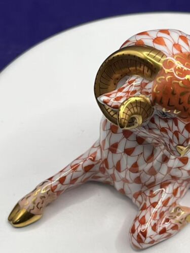 Herend Sheep / Ram Curly Horn Figurine 24K Rust Orange Fishnet Design 15379 - Picture 9 of 24