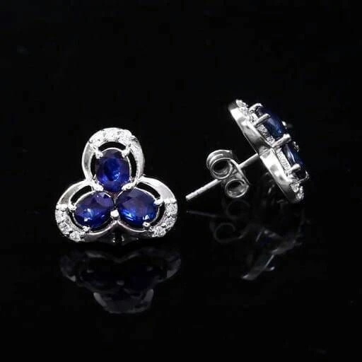 Unique Simulated Sapphire & Moissanite Women Solid 10K White Gold Stud Earrings - Image 2 of 4