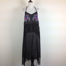 Lovely Girl Dress Women Large High Low Maxi Embroidered Fringe Black Boho 