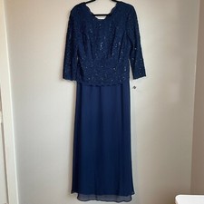 Alex Evenings Maxi Dress Women 16 P Navy Lace Sequin Mother Of Bride Whimsical