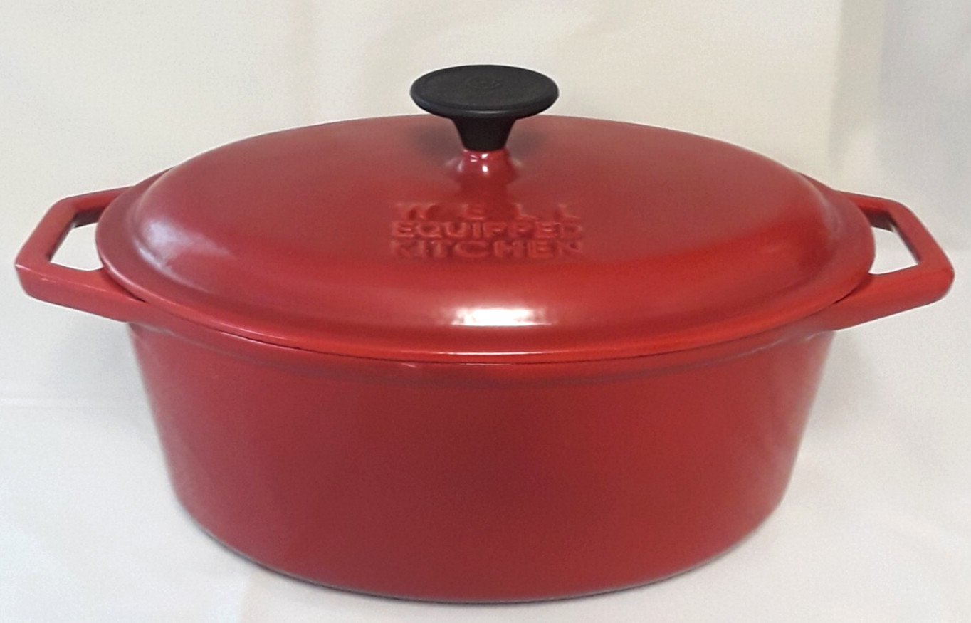 Large CAST IRON Red Oval CASSEROLE Dish, 8 Quart with Lid, Well Equipped Kitchen