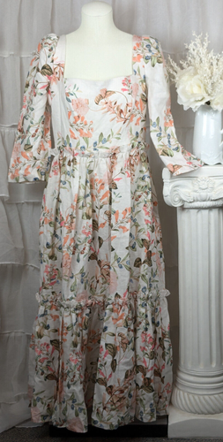 Cara Cara Blue Hill Tiered Linen Floral Midi Dress Size 12 - Picture 5 of 12
