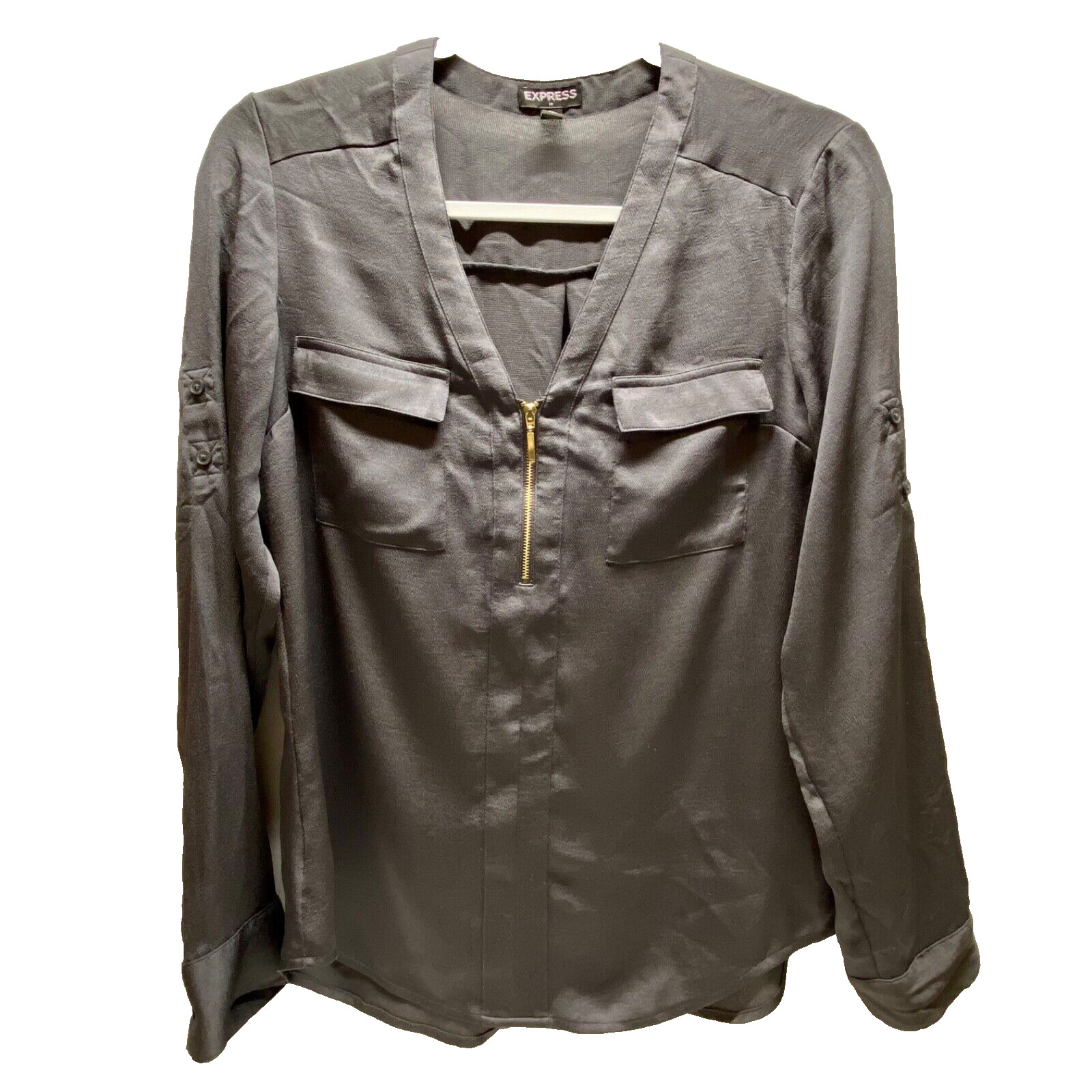 Express Blouse Ladies Small Gray Zip Front Lightweight Roll Tab Sleeves V-Neck