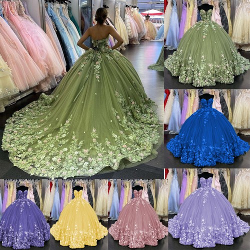 Princess Quinceanera Dresses Beaded 3D Flowers Party Prom Sweet 15 16 Ball Gowns - Picture 1 of 16