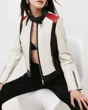 Women's Lambskin Leather Biker Jacket White Black Red Slim Fit Moto Zipper Coat