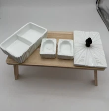 HTF 4-Piece Milk Glass Covered Cigarette Box & 2 Ash Trays Inside