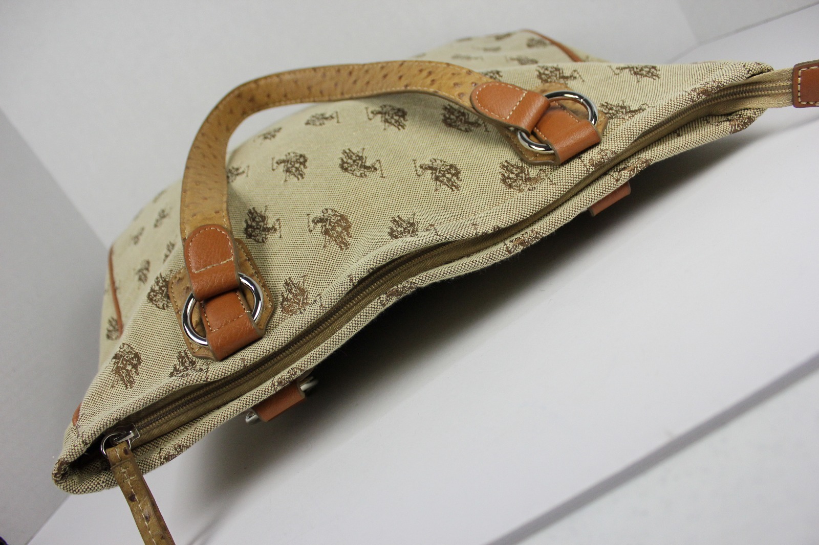 US Polo Assn Canvas & Faux Ostrich Leather Bag Purse Tote Zipper