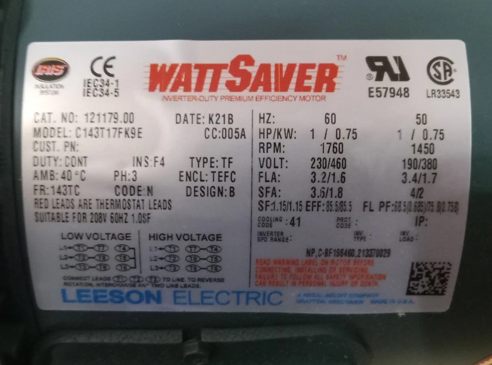 Leeson 121179.00 Electric Motor 1 HP 1760 Rpm 3-PH 230/460 V 143T Frame - Image 2 of 3