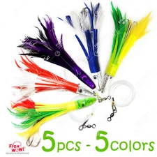 5pcs 5-color Fish WOW! 6" Tuna Feather head Jet Rigged Lure Double tuna Hook NEW