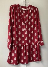 LOFT Women’s Size XS Shift short dress Red Long Sleeve 1/4 Button Ruffle Hem