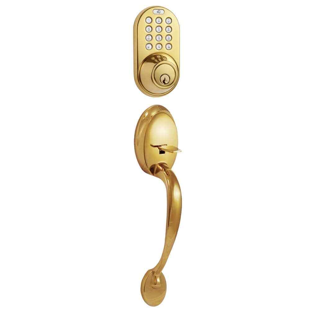 Polished Brass Keyless Entry Deadbolt with RF Remote and Keypad  -image