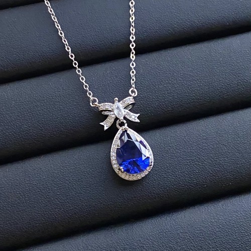 3pc Set BowKnot Sapphire Blue Topaz Gemstone Charm Women Silver Earring Necklace - Picture 2 of 7