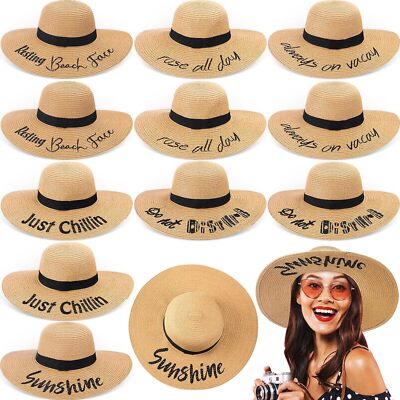 Sureio 12 Pcs Beach Hats for Women 6 Style Embroidered Straw Hat Large Brim... 