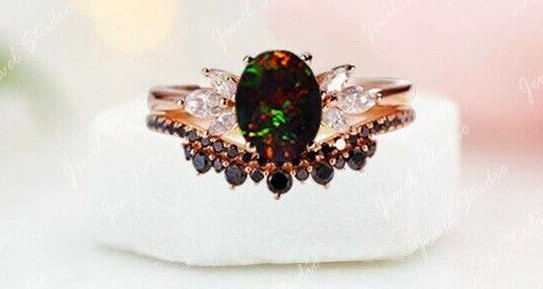 Black Opal Ring Opal Engagement Ring Bridal Ring Set Art Deco Ring Jewelry Gifts-image