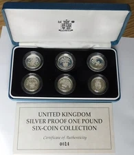 UK Silver Proof One Pound Six-Coin Collection Set, Britain Royal Mint Set #0014