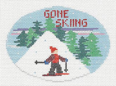 ''GONE SKIING'' Handpainted Winter Sports Oval Needlepoint Ornament Kathy Schenkel