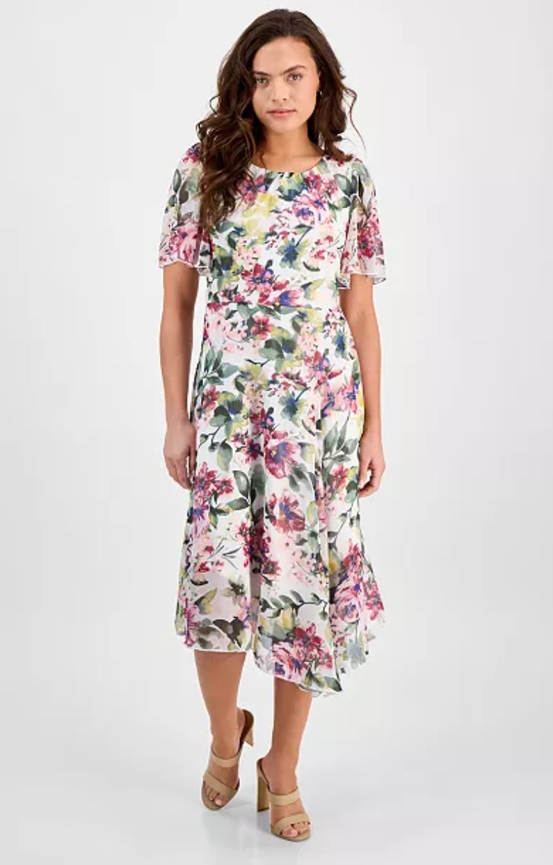 Connected Apparel Floral Chiffon Maxi Dress 16W White Pink