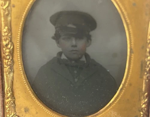 Civil War Era Tintype Of Young Union Cadet With Kepi Cap On. Cheeks Tinted Red.