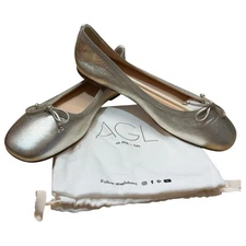 New AGL Womens  Silver Metallic  Leather Round Toe Ballet Flats Shoes Size 39.5