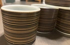 Vintage Set 4 Pyrex Terra Black Brown Stripe 13oz Handle Less Mug Ovenware USA