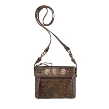 American West Womens Trail Rider Distressed Charcoal Brown Leather Crossbody