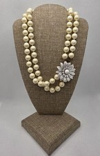 Faux Pearl Necklace with White Enamel Flower Gold Tone Statement Modern