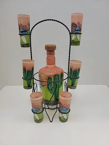Amatitan Jalisco Mexico Decanter Tequila Bottle 6 Shot Glasses Metal Display Rac
