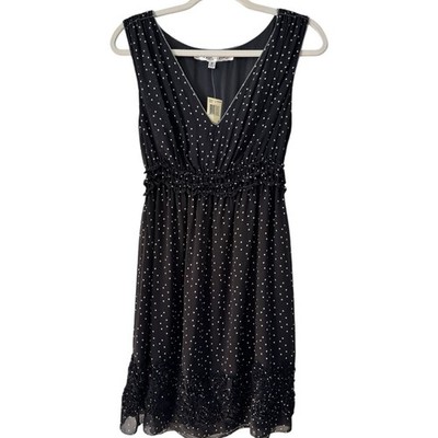 Max Studio Black Polka Dot Chiffon Rosette V Neck Dress Women s Size Medium NWT